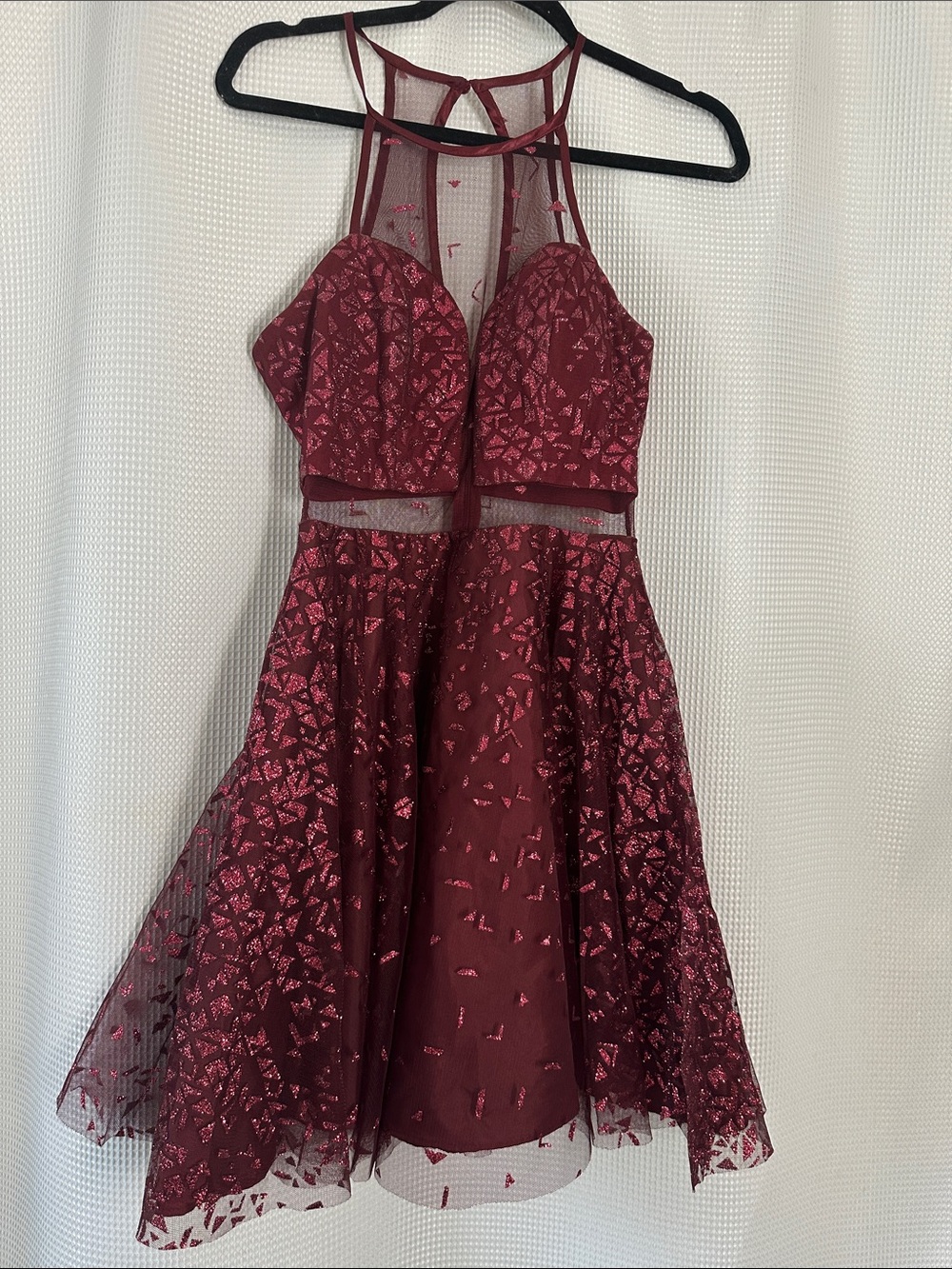 Women’s Burgundy Party Dress with Mesh Bodice